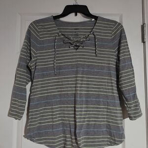 Striped Gray and Green Lace-Up Women's Top Sonoma Size M Cotton 3/4 Sleeve
